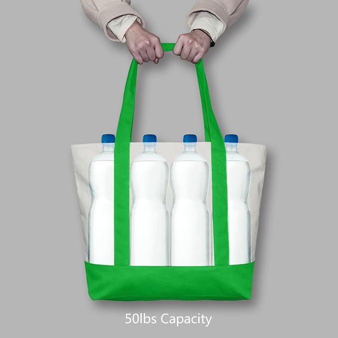 TOPDesign 3-Pack Canvas Tote Bags with an External Pocket, Reusable Grocery Shopping Bags, Top Zipper Closure, Daily Essentials (Lime Green/Natural) - Image 6