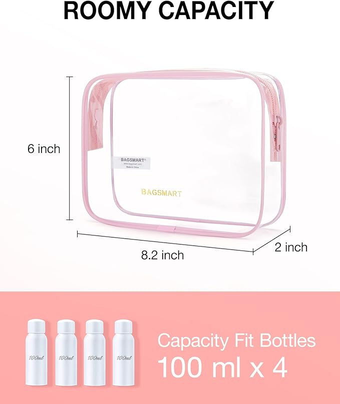 BAGSMART Clear Toiletry Bag 2-Pack TSA Approved Water-Repellent, Pink | Carry on Travel Accessories Bag, Airport Airline Quart Size Bags for Women Men, Makeup Cosmetic Bag - Image 2
