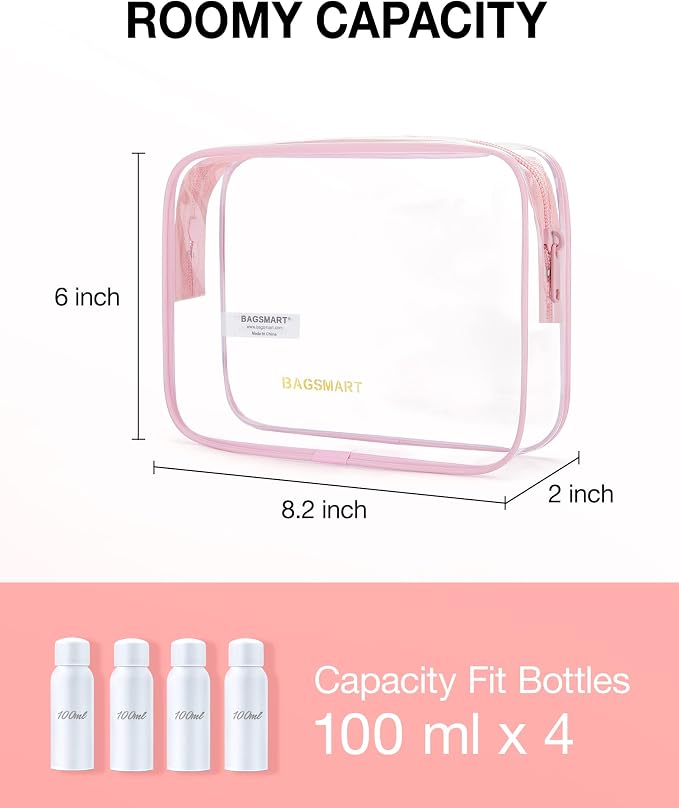 BAGSMART Clear Toiletry Bag 3-Pack TSA Approved Water-Repellent, Pink | Carry on Travel Accessories Bag, Airport Airline Quart Size Bags for Women Men, Makeup Cosmetic Bag - Image 2