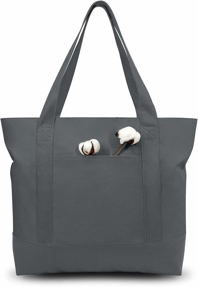 TOPDesign 1-Pack Canvas Tote Bag with an External Pocket, Reusable Grocery Shopping Bag, Top Zipper Closure, Daily Essentials (Grey) by TOPDesign
