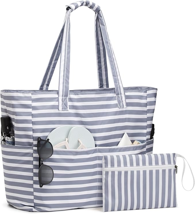 G4Free Large Beach Bag Waterproof Sandproof, Zipper Pool Tote for Women | XL Large Capacity, with Wet Compartment, Foldable Packable with A Pouch, for Swim Travel Grocery by G4Free