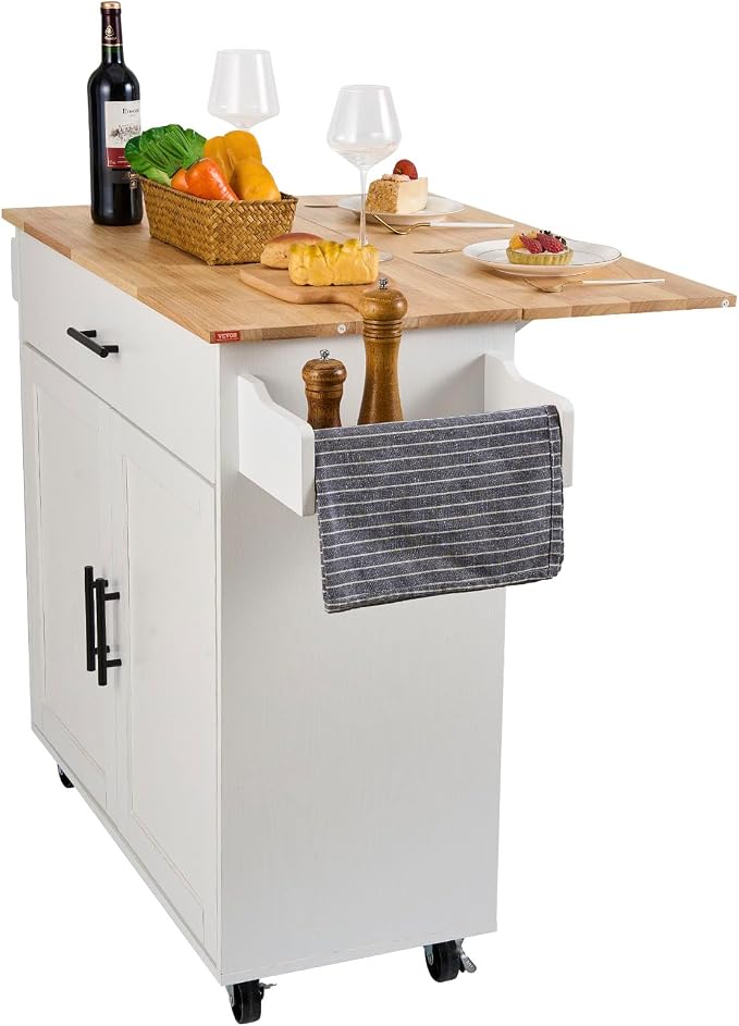 VEVOR Kitchen Island Cart with Solid Wood Top, 35.4" Width Mobile Carts with Storage Cabinet, Rolling Kitchen Table with Spice Rack, Towel Rack, Drop Leaf and Drawer, Portable Islands on Wheels, White | For Home Cooking, Space Saving Drop Leaf For Extr... - Image 9