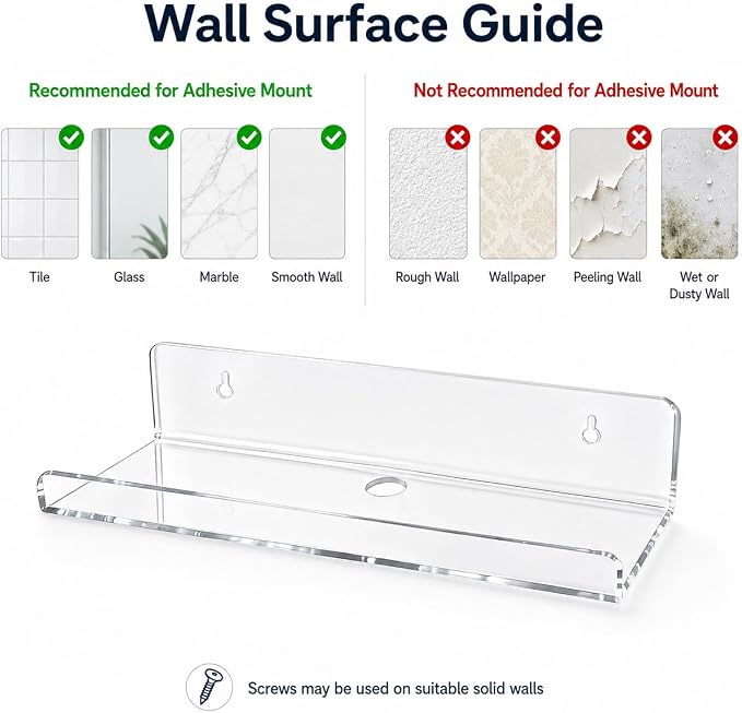 Clear Acrylic Floating Shelves, No Drill Adhesive Wall Shelves, 4 Pack | Clear Acrylic Design; 4 Pack Wall Shelves; Adhesive Mount Only; No Drill Installation; 12 lb Max Load - Image 6