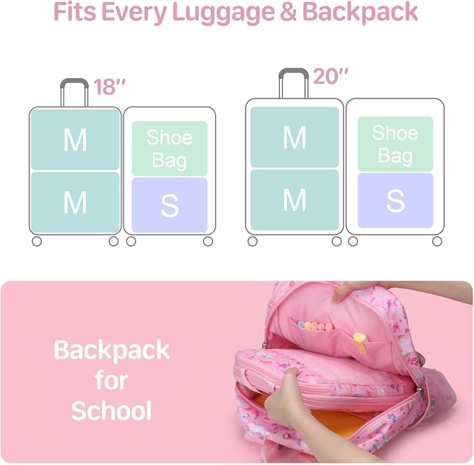 Kids Compression Packing Cubes - 4 PCS Travel Sets, Pink Unicorn | Water Resistant 4 Piece Set with Shoe Bag, Toddler Suitcase Organizer Set, Expandable Storage for Luggage - Image 5
