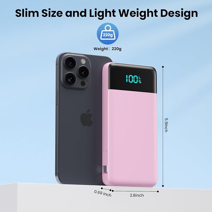 Portable Charger for iPhone,13800mAh Slim Power Bank with Built-in Cables & AC Wall Plug,All in One 4 Outputs USB C Fast Charging Battery Pack for iPhone 17/16/15/14,Android,Travel Essential (Pink) - Image 5