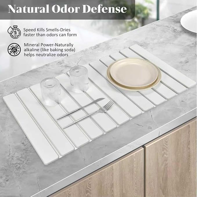 Large Stone Dish Drying Mats for Kitchen Counter, Fast Drying Collapsible Dish Drying Mat, Eco-Friendly Absorbent Diatomaceous Earth Mats for Dishes Cups, Match Any Countertop (White 28"×16" & 8"x4") - Image 5