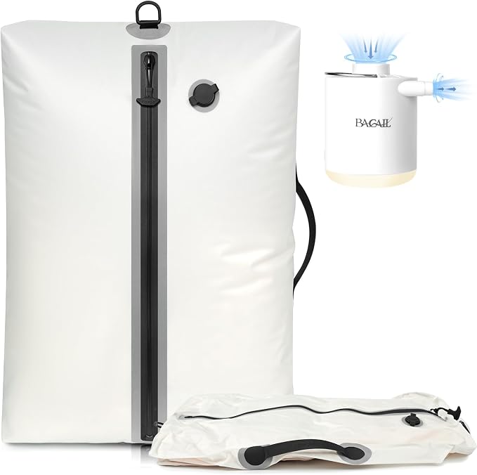 BAGAIL TPU Vacuum Bag for Travel, Reusable Compression Bag with IPX8 Waterproof Zipper, Save Space for Suitcase, Backpack and Carry on (Cream, Large, With Pump) by BAGAIL