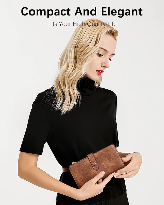 BOSTANTEN Womens Leather Wallet RFID Large Capacity Credit Card Holder | 4 ID Windows, 16 Card Slots, Zipper Coin Pocket, Clutch Wallet, Long Bifold, Ladies Gifts, Grey Brown - Image 4