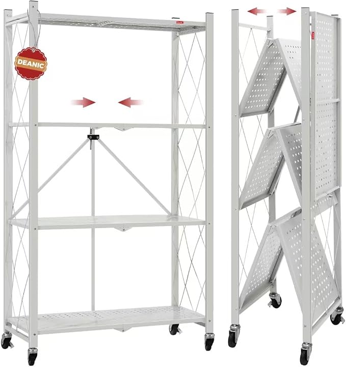 DEANIC 4 Tier Foldable Storage Shelves with Wheels, Large Capacity Shelving Unit, Freestanding Metal Wire Shelf Rack, No Assembly Organizer Rack for Garage Kitchen, Basement, Pantry(Grey) by ShowNow