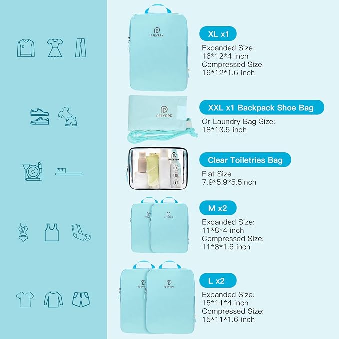 PFEYRPK Lightweight Compression Packing Cubes for Suitcases, Compressible Expandable Travel Packing Organizer with Clear Toiletries and Backpack Bag, Travel Essentials for Carry on Luggage 7 Set - Image 3