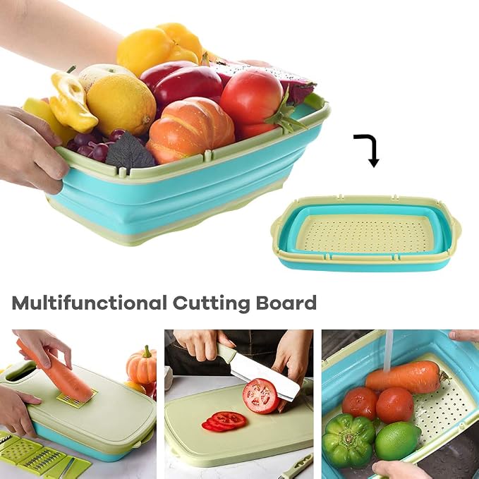Gintan Camping Cutting Board, 9-in-1 Collapsible Chopping Board with Colander, Kitchen Vegetable Washing Basket for Camping, Camping Gifts Camping essentials for RV Campers (Blue Green) - Image 7