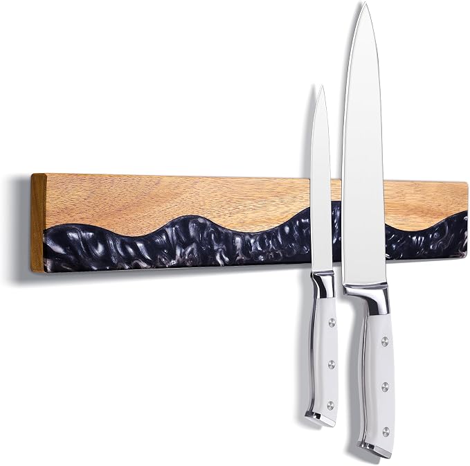 Magnetic Knife Holder for Wall 16 Inch, Acacia Wood Epoxy Resin Magnetic Knife Strip Bar, Powerful Magnet Kitchen Knife Storage Rack, Space-Saving Wall Mounted Organizer ("Onyx" Black Resin) by ENOKING