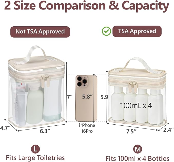 Clear Makeup Bag for Travel - TSA Approved Toiletry Bag, 2 Beige | 1 Medium Quart Carry-On & 1 Large Checked-Luggage, Top Handle, Double Metal Zippers, 180° Opening, Clear Easy-Check, Women - Image 3