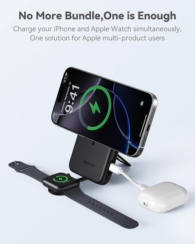 Magnetic Portable Charger for iPhone & Apple Watch, 10000mAh Wireless Power Bank USB-C Fast Charging with Stand for iPhone Air/17/16/15/14/13 Series & iWatch, Travel Essential for Magsafe Battery Pack - Image 2