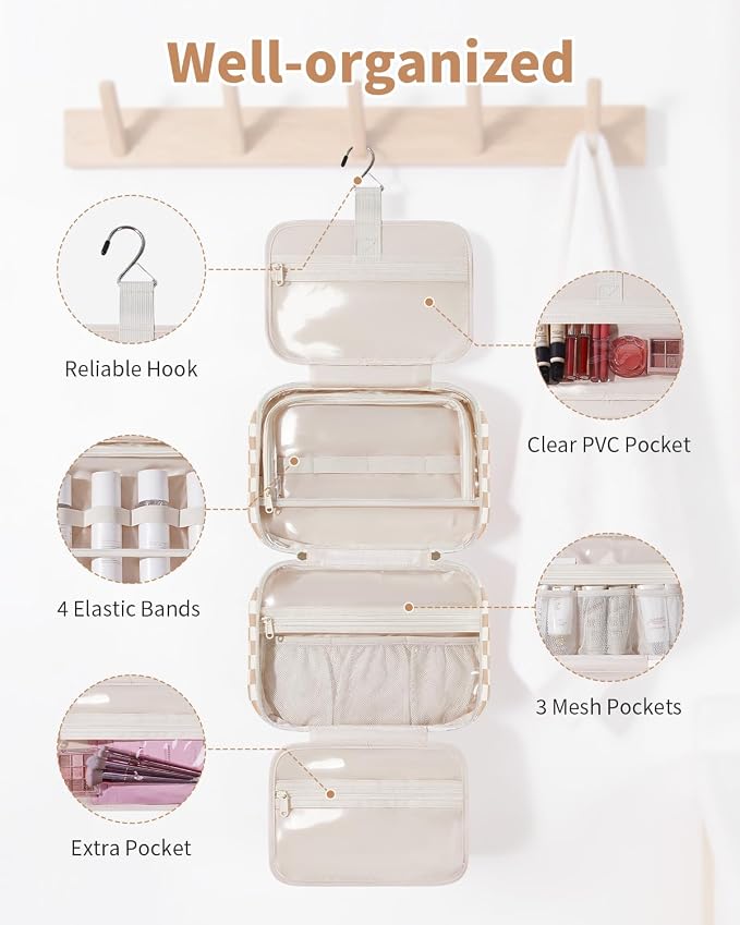 Narwey Hanging Travel Toiletry Bag for Women Checkered Makeup Bag Organizer Cosmetic Make up Toiletries Bag for Travel Essentials Accessories (Light Brown Checkerboard, Large) - Image 3