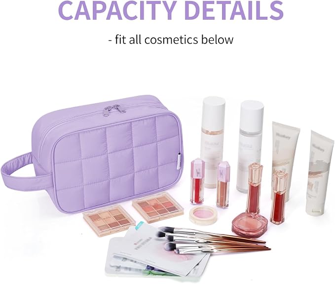 Narwey Quilted Makeup Bag Puffy Make up Bag Cosmetic Bag Organizer, Puffer Travel Toiletry Bag for Traveling Women Girl, Travel Bag for Toiletries, Skincare Medicine Bags (Purple) - Image 3