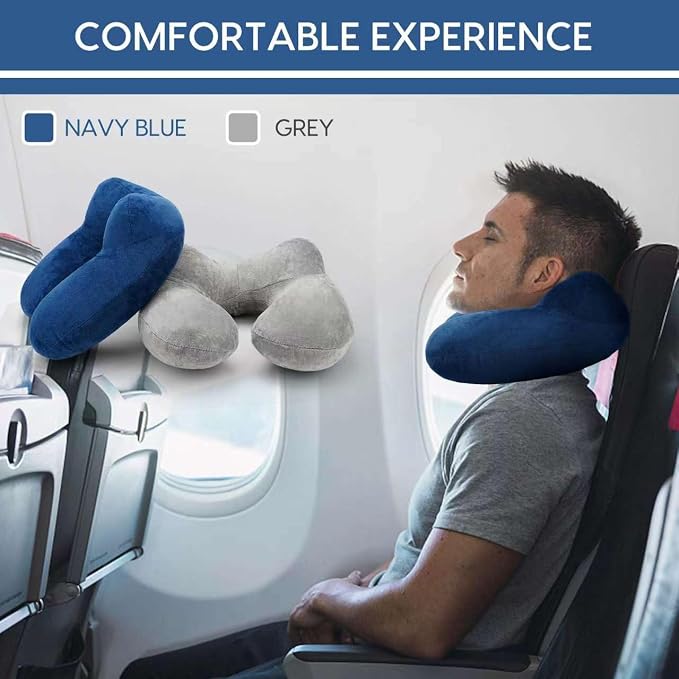 Inflatable Travel Pillow for Airplane Inflatable Neck Pillow for Traveling with Soft Velvet Washable Cover for Sleeping, Airplane,Train, Car, Office, Contoured Eye Masks, Earplugs - Image 2