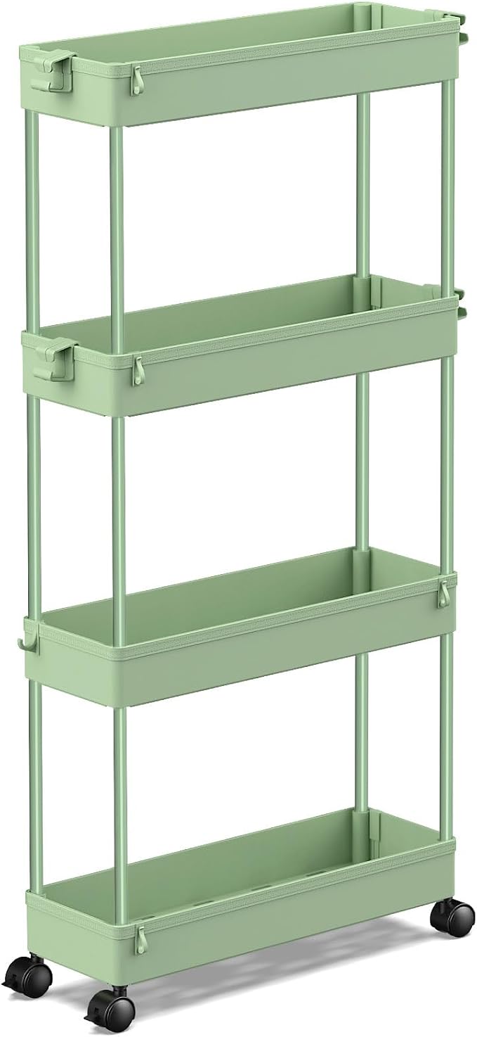 SPACEKEEPER Slim Rolling Storage Cart, 4 Tier Bathroom Cart Organizer,Green | Narrow Rolling Cart with Wheels for Kitchen Office Bathroom Laundry Room,Mobile Utility Cart for Craft Art Makeup Nail Polish by SPACEKEEPER