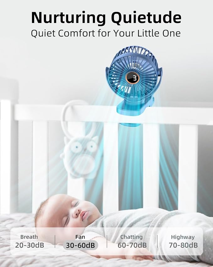 buywoo Portable Mini Personal Fan, Small Rechargeable Battery Powered Stroller Fan for Desk, Strong Clamp Grip, 360° Rotation, 3-Speed, LED Display, Clip On Cooler for Bed, Golf Cart, Office, Blue - Image 5
