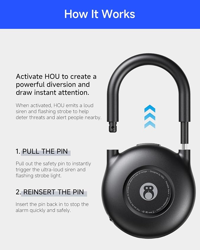 HOU 130dB Personal Alarms for Women – USB-C Rechargeable Self Defense Alarm Keychain with Strobe Light – Loud Personal Safety Alarm for Students & Jogging – Safe for Seniors, Black - Image 3