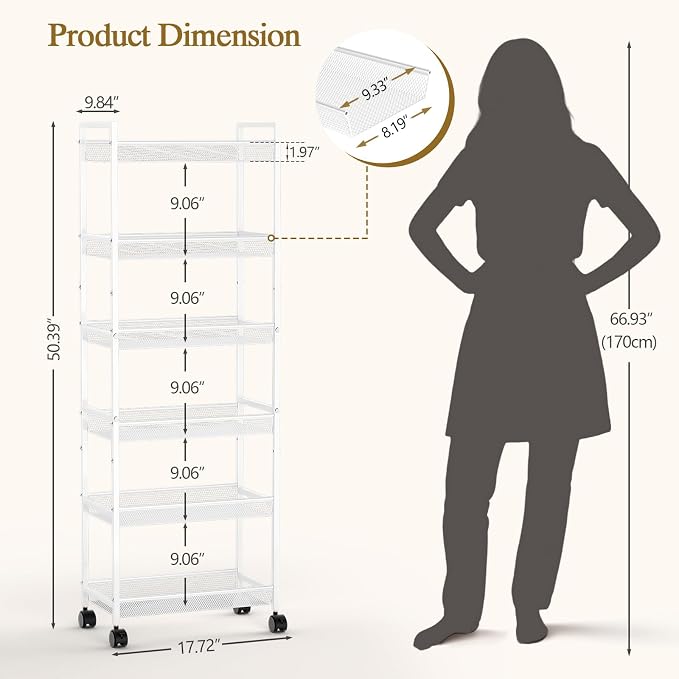 6 Tier Slim Rolling Storage Cart, Narrow Mobile Shelving Unit Organizer Utility Cart with Wheels, Metal Wire Storage Rack with Baskets for Kitchen, Bathroom, Laundry & Living Room, 10in(W) White - Image 2