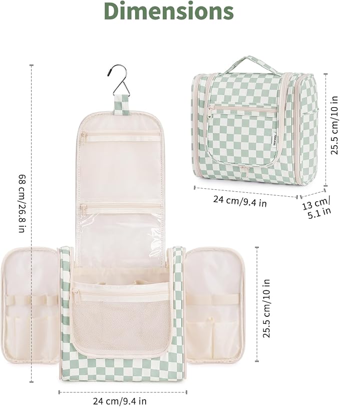 Narwey Travel Toiletry Bag for Women, Checkered Large Hanging Makeup Bag Organizer Cosmetic Make up Bags for Women, Travel Bag for Toiletries (Mint Green Checkerboard) - Image 5