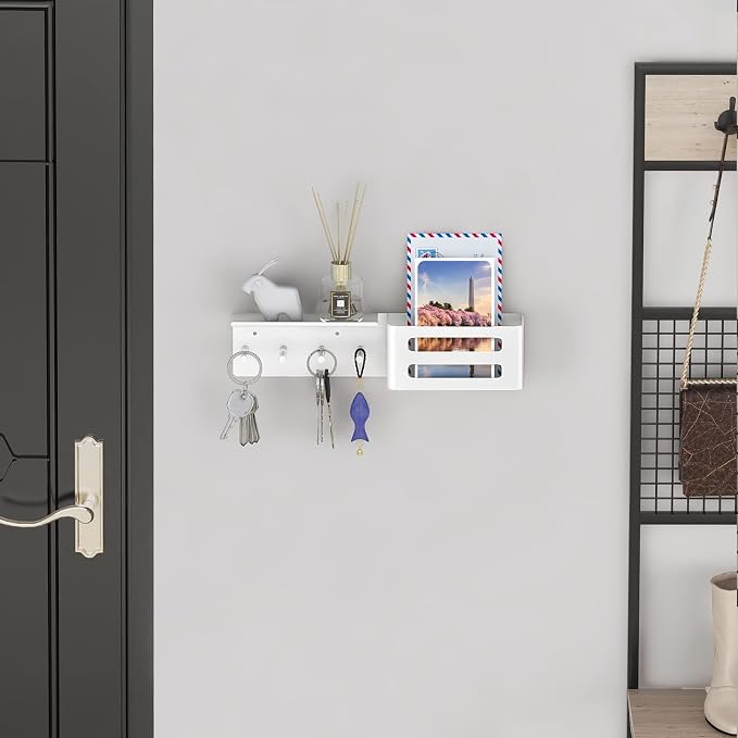 MKO Key Holder Wall Mount, Adhesive Key Hanger with 4 Hooks for Wall, White | Metal Material, Key Rack with Shelf, Wall Mount, Mail Organizer Tray, Suitable for Entryway, Hallway, Living Room - Image 3