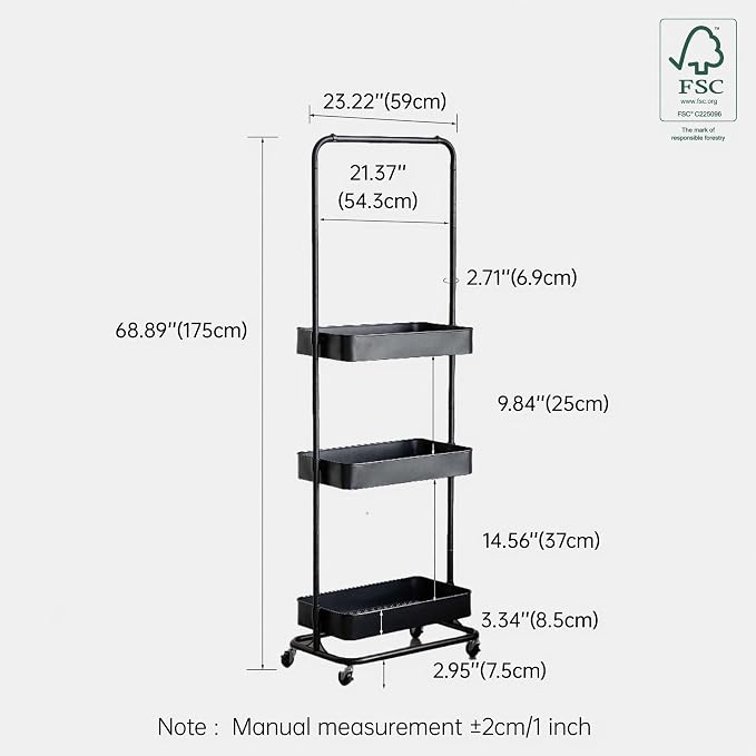 Tall 3 Tier Rolling Cart, Metal Storage Rack with Wheels for Indoor Spaces | Rust-resistant steel frame with adjustable tiers, locking wheels and 50 lbs shelves for flexible indoor organization. - Image 3