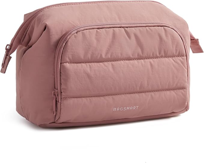 BAGSMART Travel Makeup Bag, Cosmetic Bag Small Make Up Organizer Case,Wide-open Pouch for Women Purse for Toiletries Accessories Brushes,Large Beige by BAGSMART