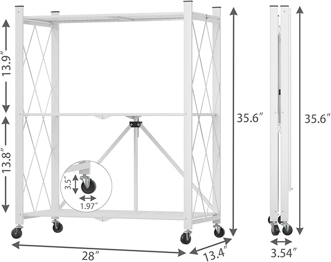 3 Tier Foldable Storage Shelf with Wheels Heavy Duty Garage Shelving | Unit Loads 550 LBS, Metal Steel Collapsible Shelves, Rolling Standing Utility Rack for Kitchen, Pantry, Office, White - Image 3