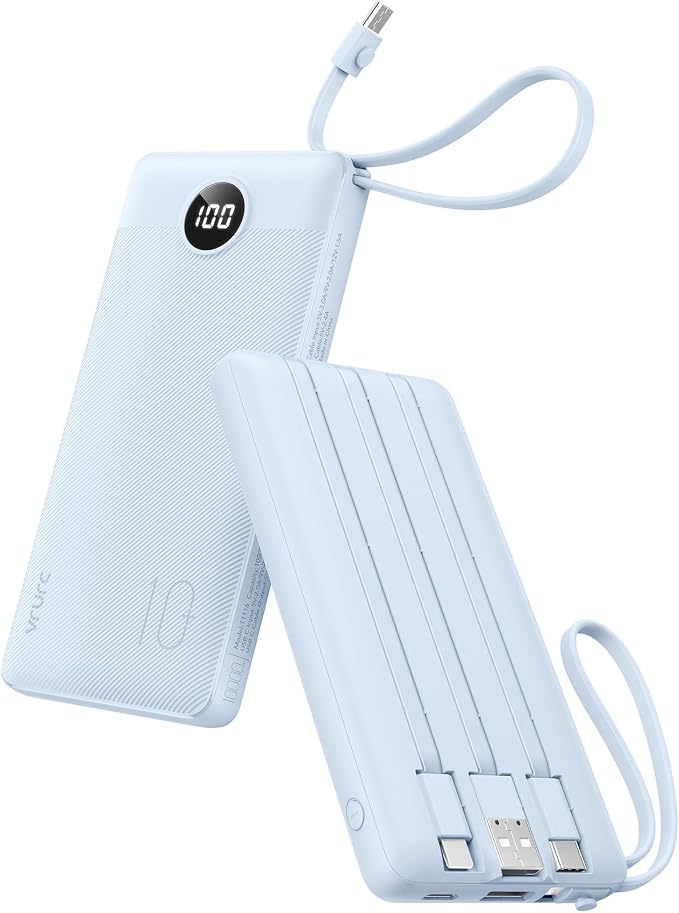 VRURC Portable Charger for iPhone, Built in 4 Cables Power Bank 10000mAh | Compact USB C Charging Bank 5 Outputs for Multi Devices,Travel Essential for Hiking Camping Business Cruise Ship-Blue by Home