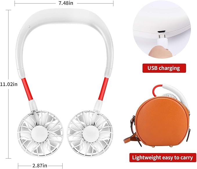 JUANANIUG Portable Neck Fan Rechargeable Personal HandFree Fan Mini USB Wearable Neckband Sport Fan 3 Speed Adjustable 360 Degrees Rotation Perfect for Working Traveling Office Reading (White) - Image 7