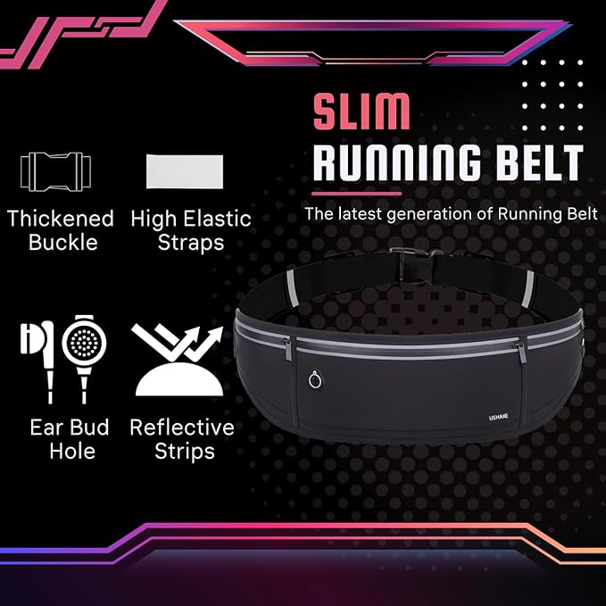 USHAKE Slim Running Belt, Workout Fanny Pack for Men Women,Exercise Waist Pack for Apple iPhone Holder, Runner Belt for Running Walking Cycling Camping Gym Black - Image 3