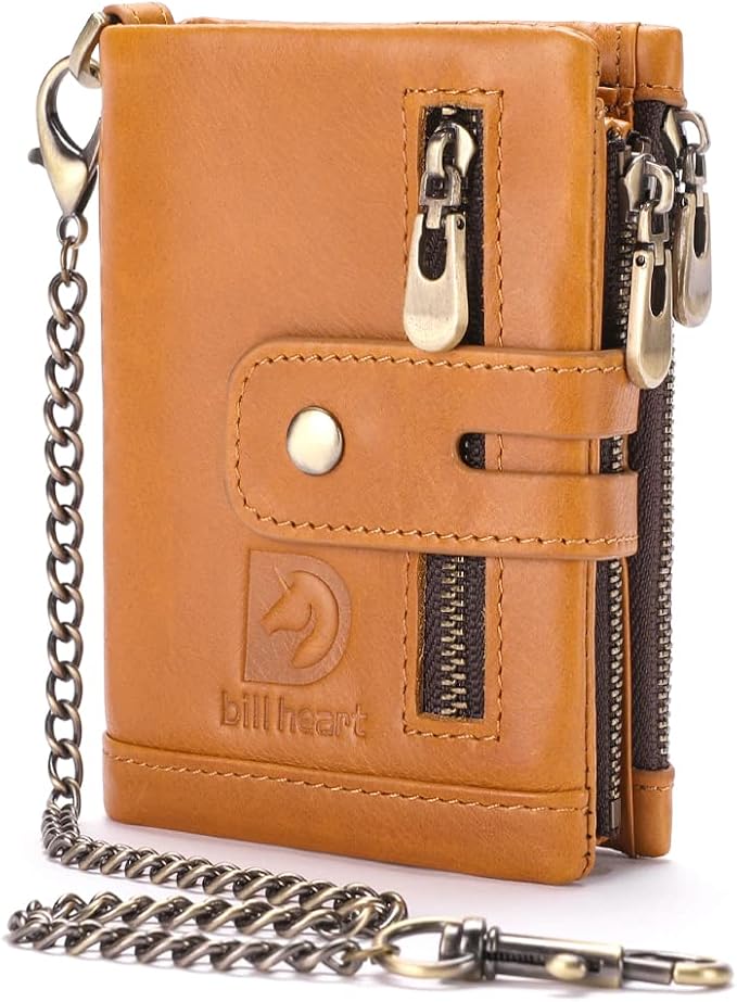 Mens Wallet with Chain Genuine Leather Purse RFID Blocking Biker Bifold Wallet with Anti-Theft Chain by bill+heart