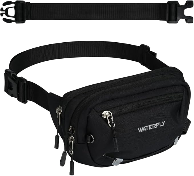 WATERFLY Small RFID Fanny Pack: 1.5L Waist Bag 12" Extender Belt for Hiking | Anti-Theft, Slim Lightweight Water-Resistant Fabric, Reflective Strip, Breathable Padding, Running Travel Walking, Women Men by Waterfly