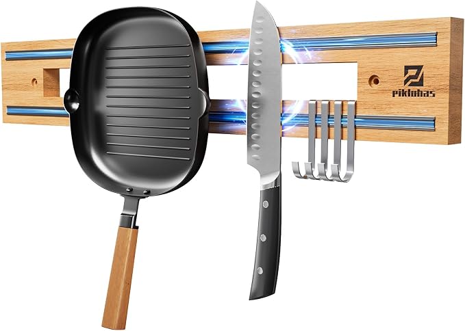 Magnetic Knife Holder for Wall, 16.5 Inch Knife Magnetic Strip | Rubber Wood Knife Block, Kitchen Utensil Holder, Magnetic Tool Holder, Double Magnetic Strips, 4 Hooks Included, Ideal Gift by Piklohas