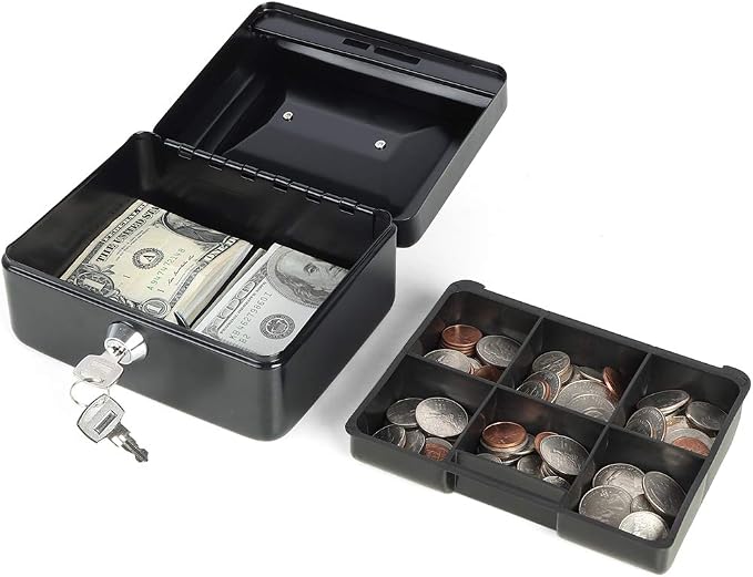 Decaller Small Cash Box with Key Lock, Double Layer Metal Money Box for Home Security, Portable Locking Box, 5.9" x 4.7" x 3.2", Black - Image 2