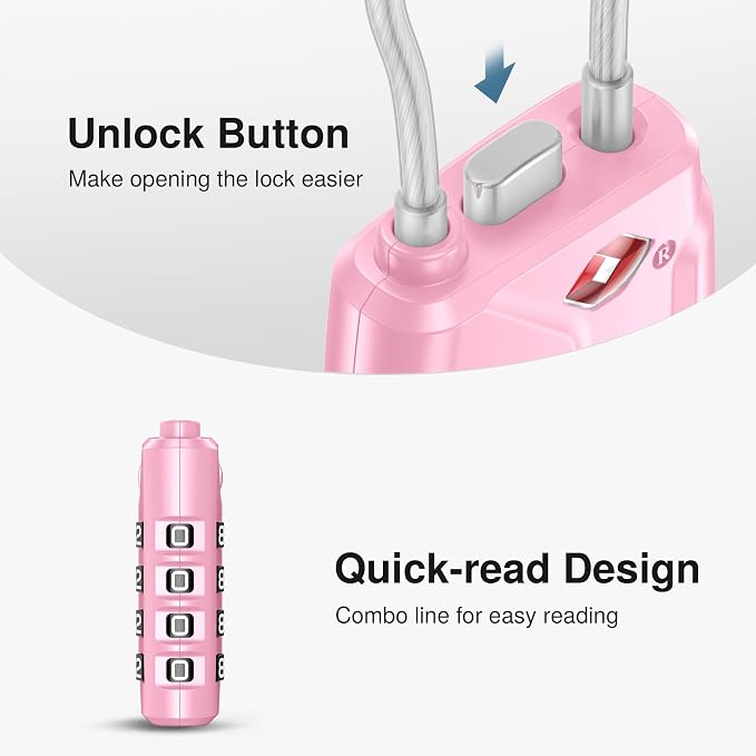 Puroma 2 Pack TSA Approved Luggage Locks 4 Digit Code Cable Lock Basic Pink | Resettable, Flexible Cable, Zipper holes, Zinc Alloy, Bright Color, Large White Numbers, Suitcase Train Travel, laptop bag - Image 4