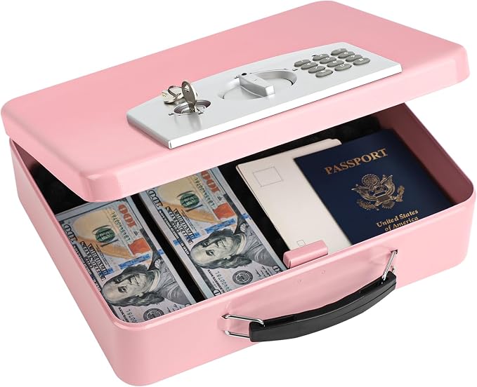 KYODOLED Pink Safe Box with Digital Keypad Lock, Lock Box with Code for Personal Items, Metal Security Box for Cash, Passport, Jewelry, Ideal for Home, Office, Garage Sale, 11.8'' x 9.4'' x 3.5'' by KYODOLED