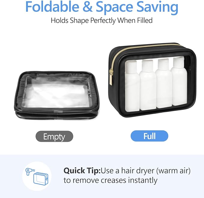 Clear Makeup Bag Foldable - TSA Approved Toiletry Bag for Travel | Metal Zipper, Reinforced Seam, Water Resistant, Medium for Carry-on, Large for Checked Luggage, for Car Storage Organizer - Image 5