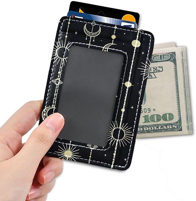 Front Pocket Minimalist Leather Slim Wallet Credit Card Holder Sun Moon Stars Witch for Men & Women - Image 4