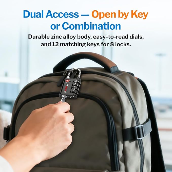 Forge Dual-Opening: Key or Combination Lock, TSA Approved Lock for Luggage, Pelican case, Travel, Gym, School, Luggage Combination Lock, Travel Bag Lock (Black 10 Pk) - Image 2