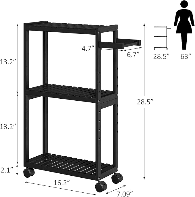 RRX Bamboo Rolling Cart,Slim 3-Tier Standing Shelf Units on Wheels (Black) | Bamboo Shelves Utility, Storage Corner Shelf Cabinet for Narrow Space, Toilet Paper Organizer for Bathroom, Kitchen - Image 3