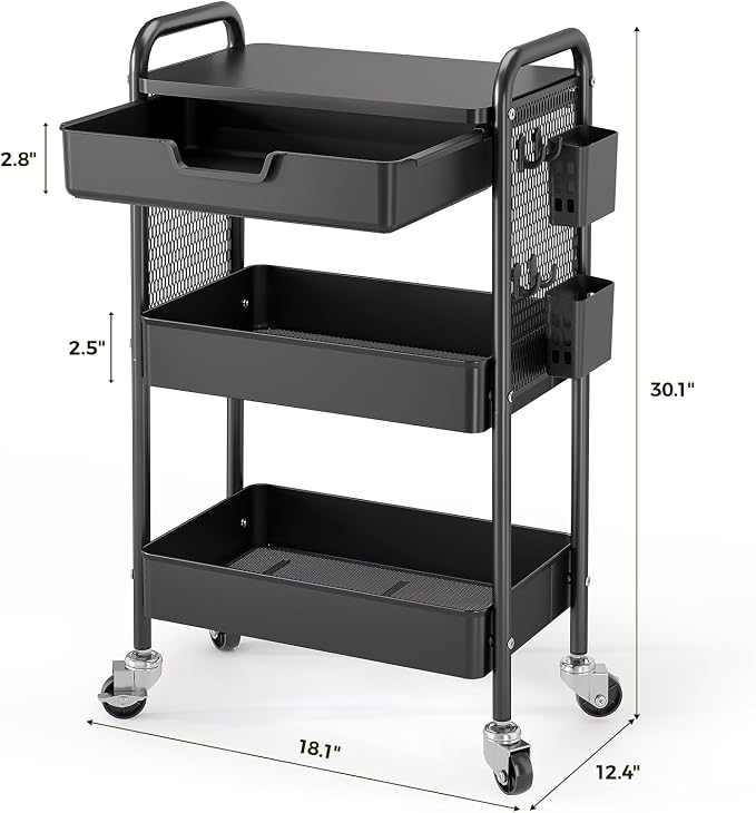 KINGBOARD 3 Tier Metal Rolling Cart with Drawer, Black Utility Storage Cart | 2 Cups & 4 Hooks, Lockable Wheels, Trolley Organizer for Bathroom, Kitchen, Office, Nursery, Dorm, Laundry, Craft Room - Image 9