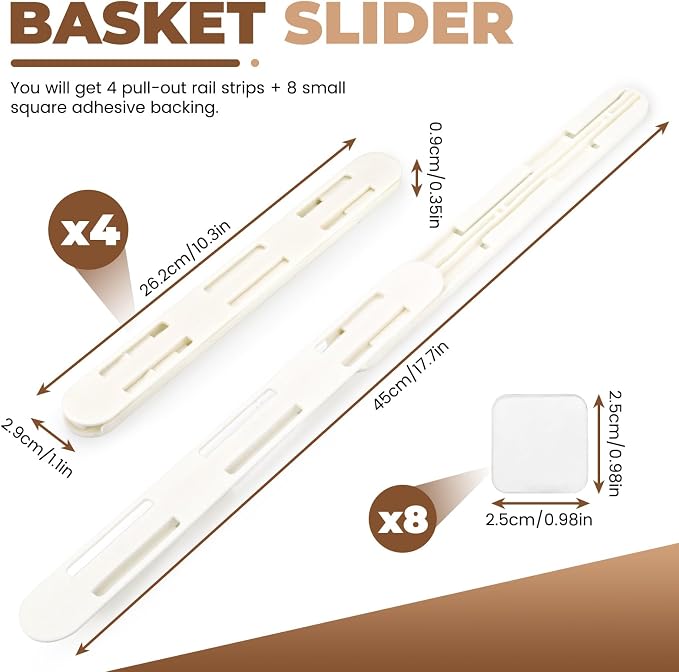 LELE LIFE Adhesive Pull Out Cabinet Drawer Sliders, Drawer Bin Organizer Sliding Rails Guides, No Drill DIY Basket Slides Bottom Mount for Shelf (4 Pack) - Image 2