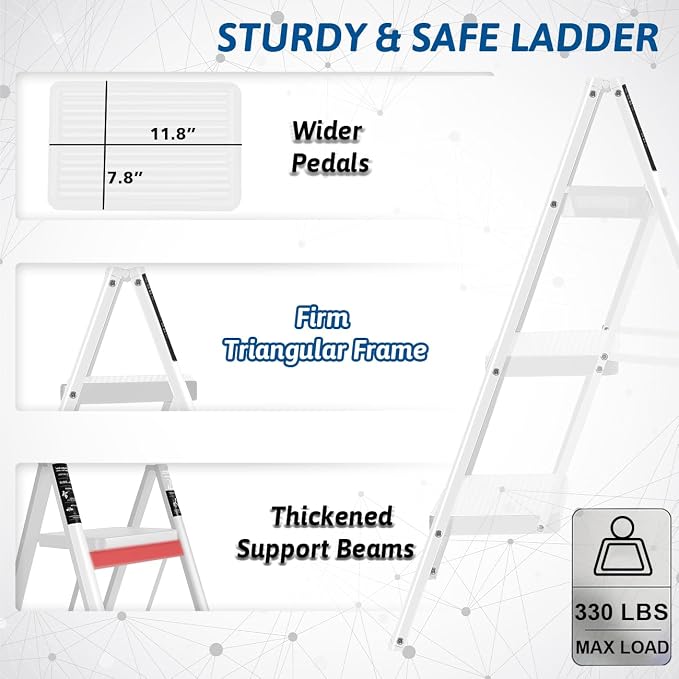 Double Elite Step Ladder 3 Step Folding, Sturdy 330 Lbs Load Step Stool for Adults, Safer Full Steel Kitchen Closet Ladder for Home, Multi-use Small Step Stool Ladder with Anti-Slip Wide Pedals, White - Image 3