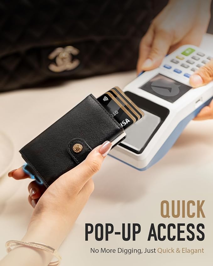 Women Wallet RFID Blocking Wallet for Women, Slim Small Size, Top Grain Leather, Pop up Credit Card Holder, Trifold, Minimalist, Black Saffiano 9-11 Cards Capacity ID Window Cash Pocket,Gift for Her - Image 4