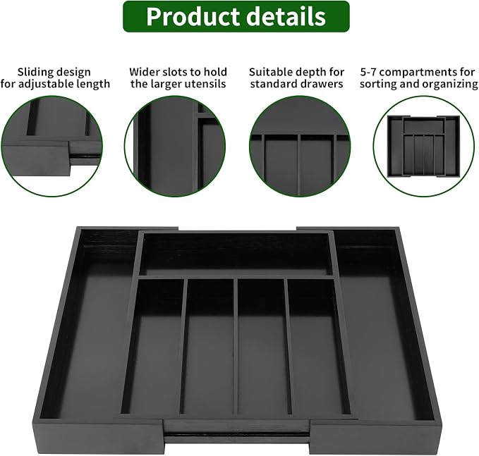 VaeFae Bamboo Drawer Organizer, Medium, Black | Wooden Utensil Holder for Forks Knives, 38 cm D x 29.2-45.7 cm W, 5-7 Slots, Black - Image 4