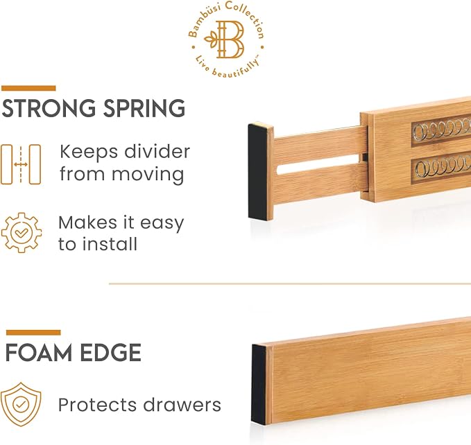 4-Pack Bamboo Drawer Dividers - 2.6 Inches High, Adjustable 12 to 17 Inches Expandable Drawer Organizer Dresser Separator for Clothes, Utensils, Bedroom, Bathroom, Kitchen, Office Storage Organization - Image 8