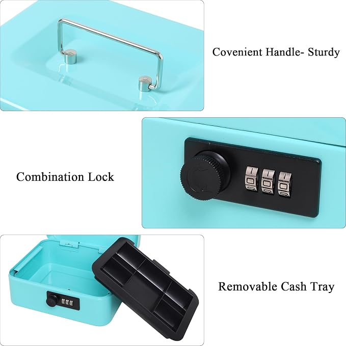 Jssmst Medium Cash Box with Combination Lock - Durable Metal Cash Box with Money Tray,light blue,7.87 x 6.3 x 3.35 inches - Image 4